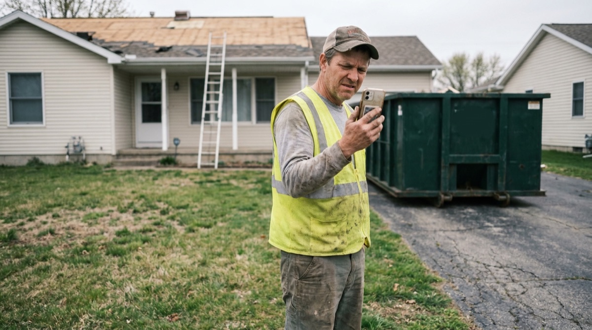 Contractor on a job site searching for his own company on a phone